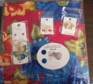 Nicole Colorful Floral Scarf with Mint Earrings And Purse Charm/keychain